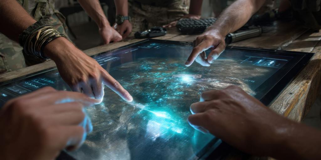 Team in einem modernen Kommando- und Kontrollraum vor einer grossflächigen digitalen Oberfläche mit Strategie-Diagrammen und Vernetzungs-Grafiken